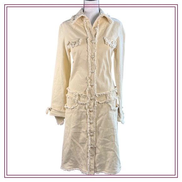 Vintage Inspired Dress Beige Fringe Pearl Button Down Long Sleeve Chic Women - Picture 1 of 11